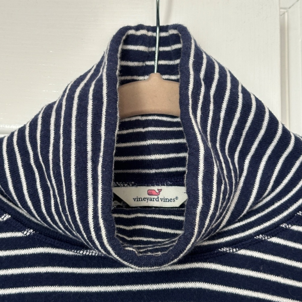 Vineyard Vines Stripe Funnel Neck Terry Deep Bay Blue White Stripe Cotton Medium - Picture 3 of 7